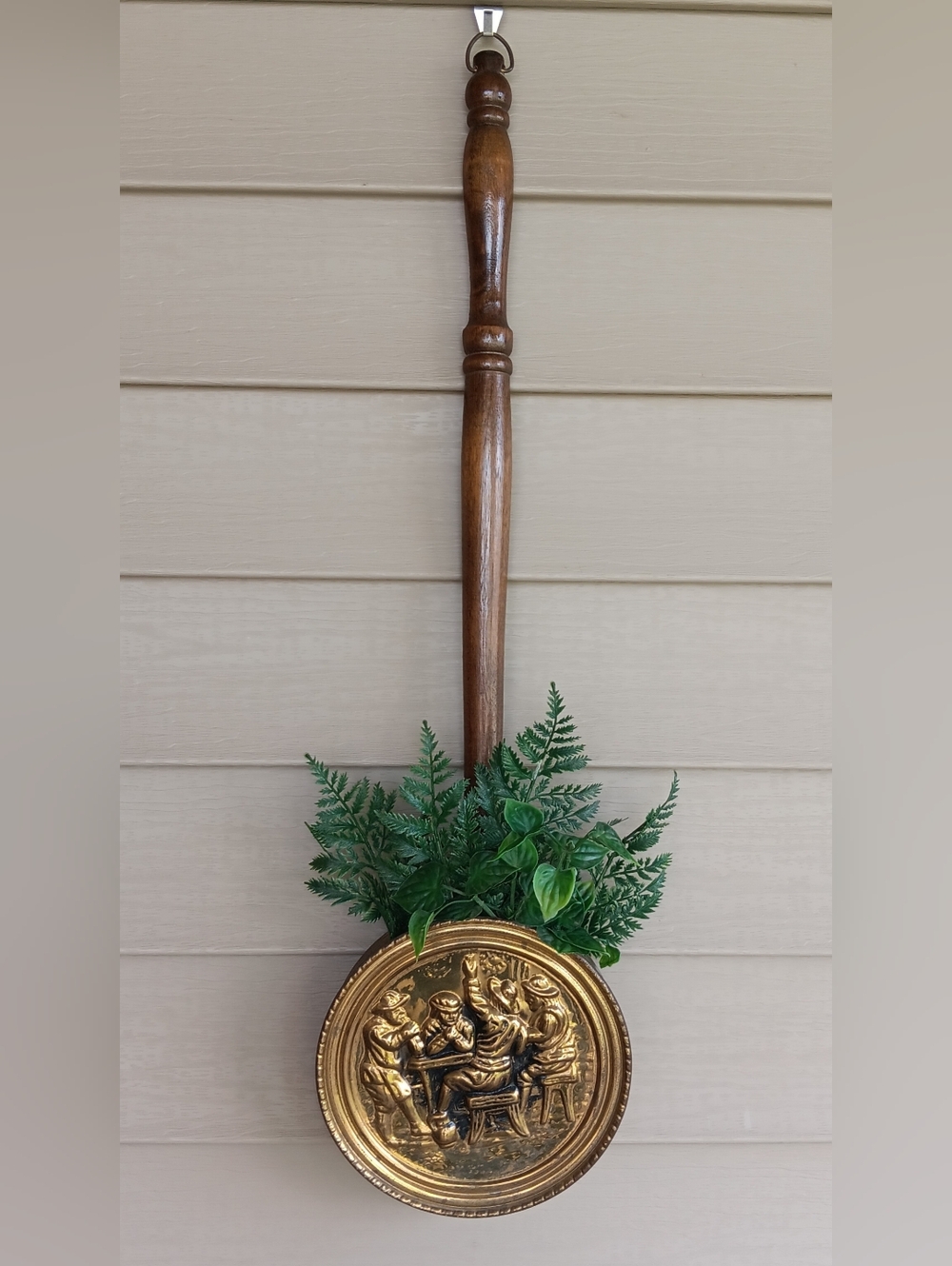 Vintage Brass & Wood Bed Warmer with Pub Scene.  24"Lx8"Wx2"D